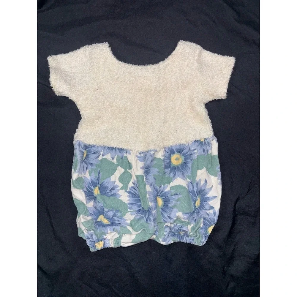 L.A. Baby Vintage Floral Bubble Romper 3-6 Months Cream Blue Daisy Cotton USA